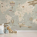 Wall murals A map of the world with airplanes and hot air balloons