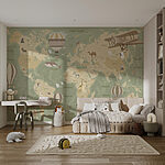 Wall mural A map of the world with airplanes and hot air balloons