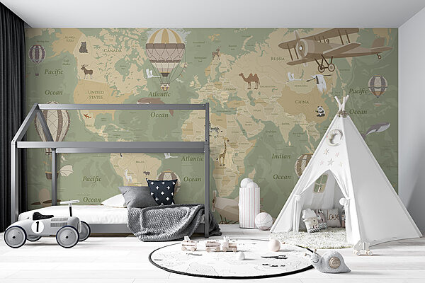 A map of the world with airplanes and hot air balloons A map of the world with airplanes and hot air balloons
